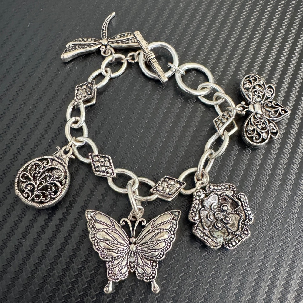 Silver Chain Charm Bracelet Nature-themed Dragonflies‎ Butterflies Flowers Large